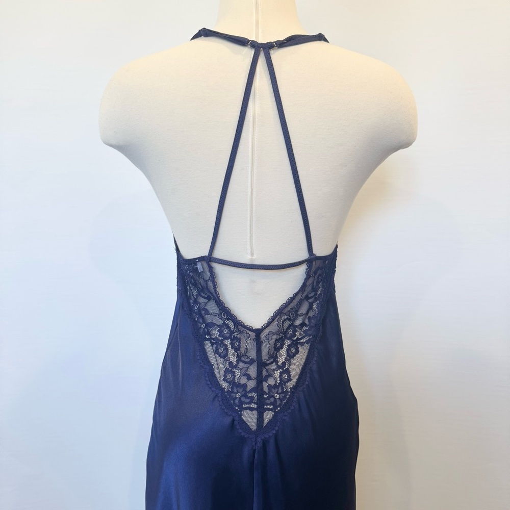 In Bloom by Jonquil Stretch Lace Silky Satin Deep Blue Sheer Chemise Slip Dress - Picture 5 of 7